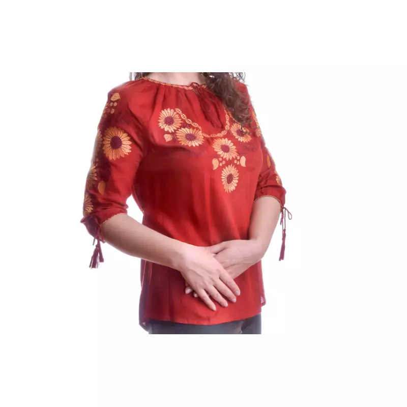 Ie Traditionala Rosie cu Motiv Floral Portocaliu de Dama - IMS18