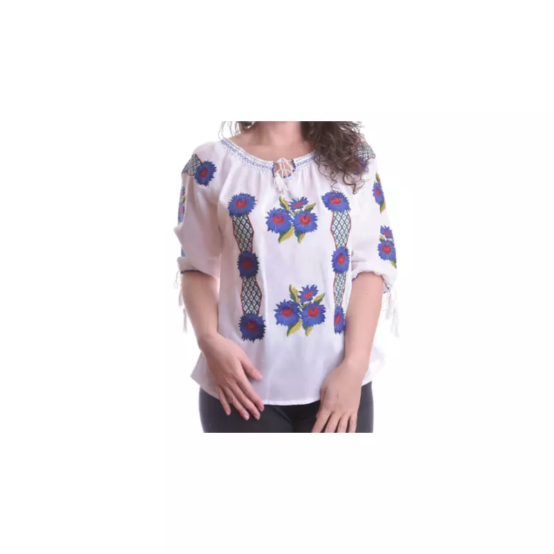 Ie Traditionala Alba cu Motiv Floral Albastru de Dama  - IMS11