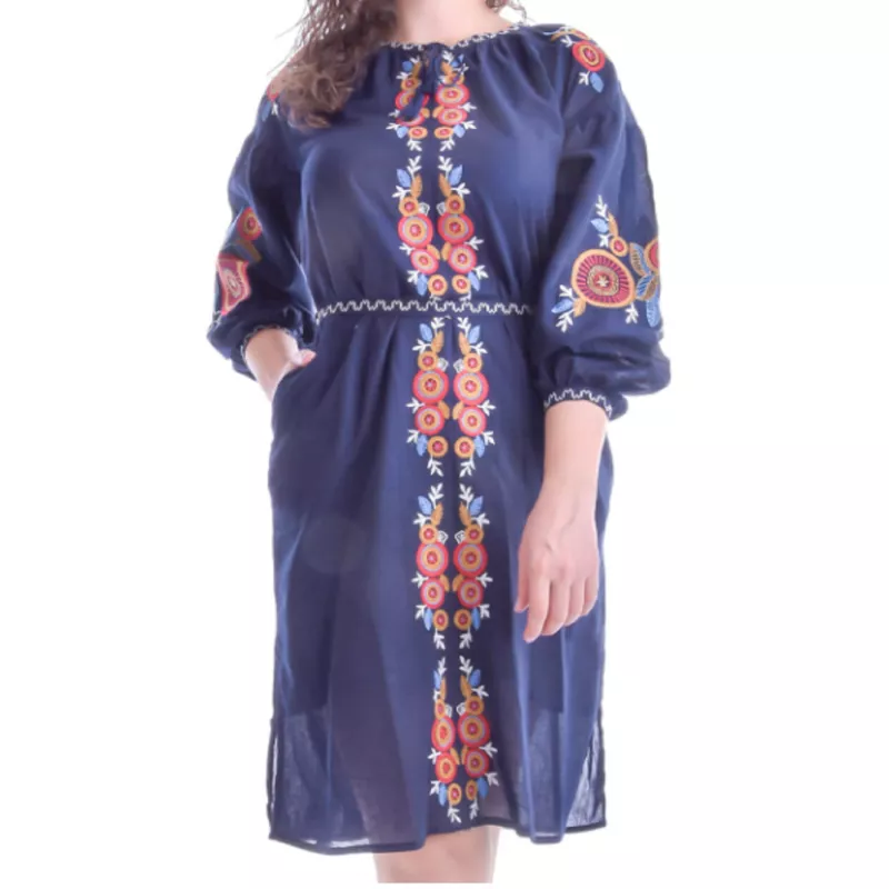 Rochie Traditionala Midi Albastra cu Motiv Geometric Multicolor - RTM24