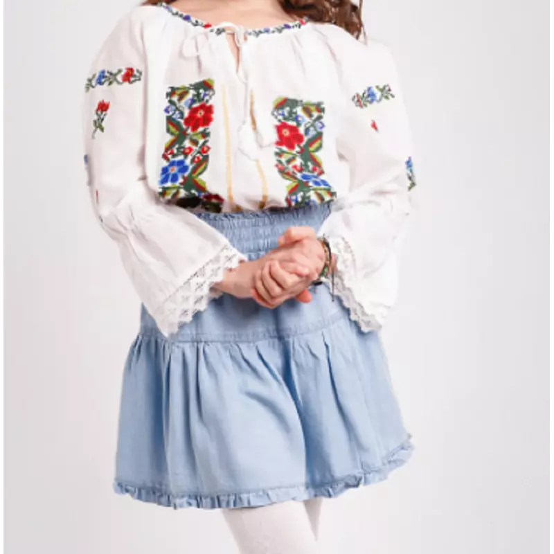 Ie Traditionala Alba pentru Fetite cu Motiv Floral Multicolor - ITF03