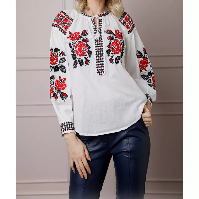 Bluza Tip Ie Alba cu Motiv Floral Rosu- BMG18