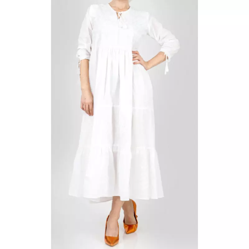 Rochie Traditionala Alba cu Motiv Floral alb - RTM16