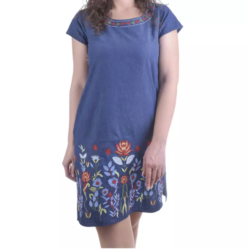 Rochie denim albastra cu motiv floral multicolor - RTM28
