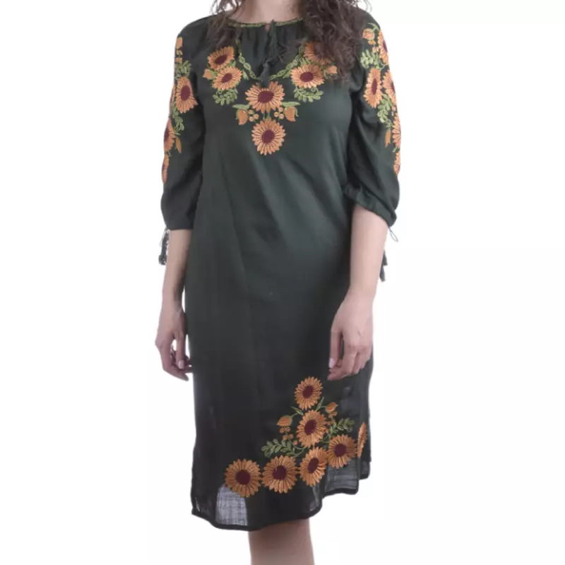 Rochie Traditionala Midi Verde cu Motiv Floral Portocaliu -  RTM30