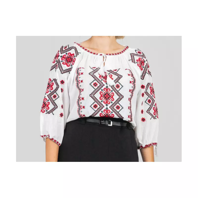 Ie Traditionala Alba cu Motiv Geometric Crem de Dama- IMS28