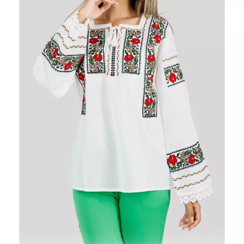 Bluza Tip Ie Alba cu Motiv Floral Rosu - BMG24