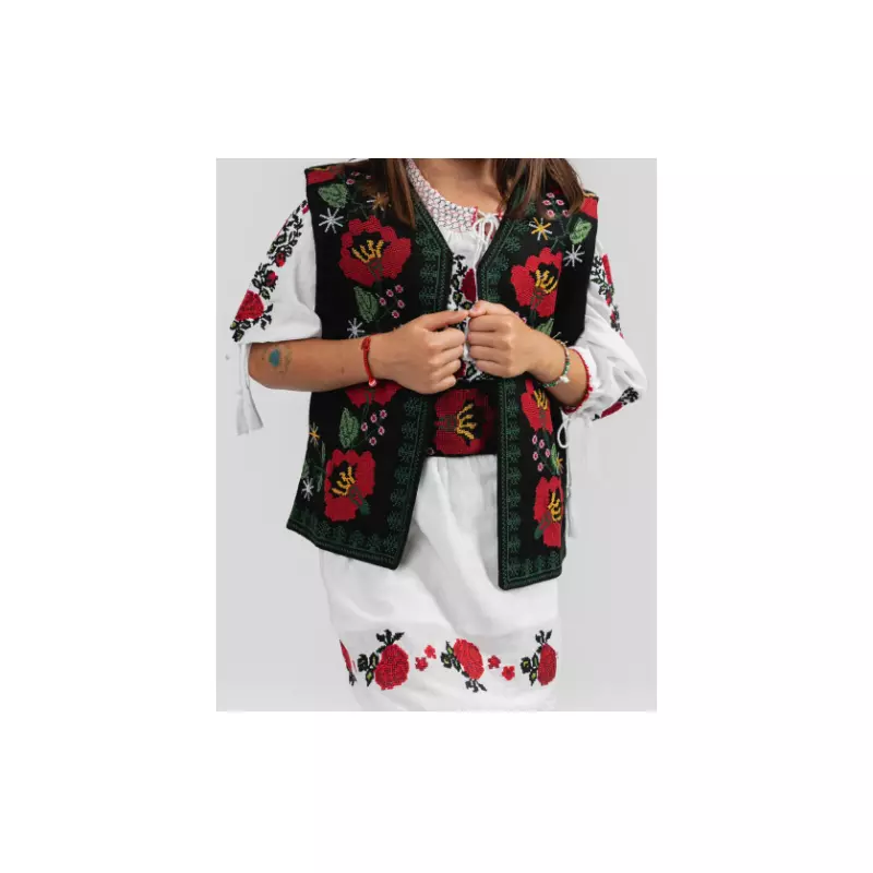 Vesta Traditionala Neagra pentru Fetite cu Broderie Florala Rosie -  VTF02