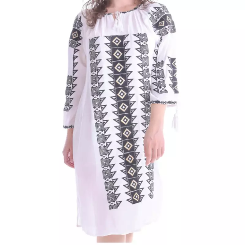Rochie Traditionala Dreapta Alba cu Motiv Geometric Negru - RTM23