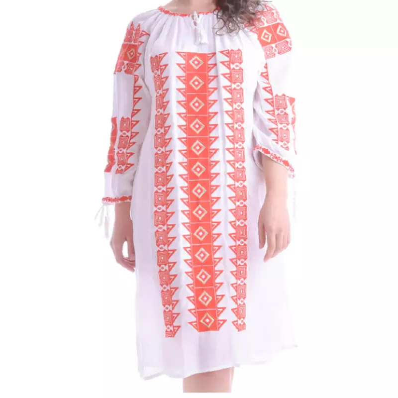Rochie Traditionala Dreapta Alba cu Motiv Geometric Rosu - RTM19