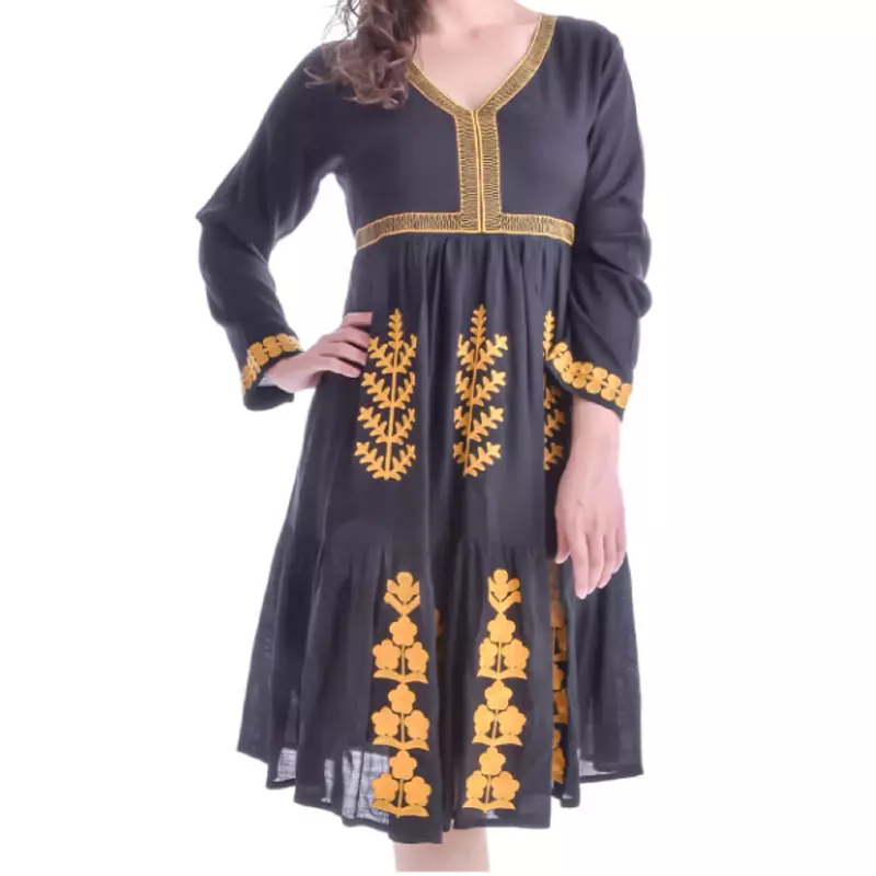 Rochie Traditionala Evazata Neagra cu Motiv Floral Galben - RTM21