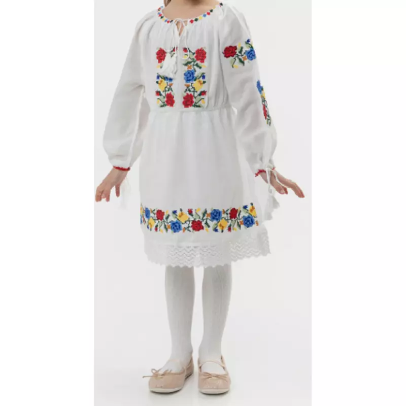Rochie Traditionala Alba pentru Fetite cu Motiv Floral Tricolor -  RTF01