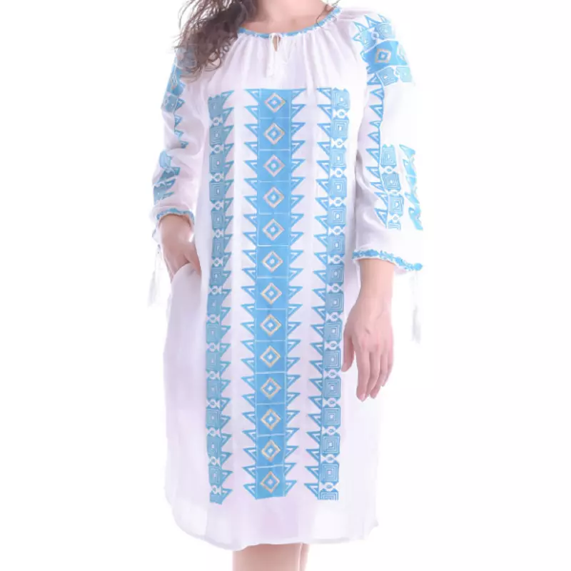 Rochie Traditionala Dreapta Alba cu Motiv Geometric Albastru - RTM17