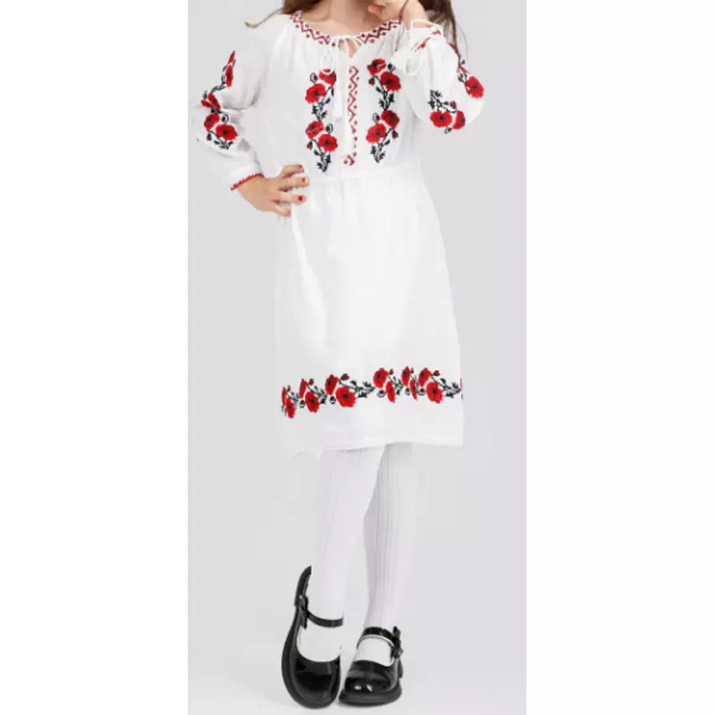 Rochie Traditionala Alba pentru Fetite cu Motiv Floral Rosu  -  RTF09