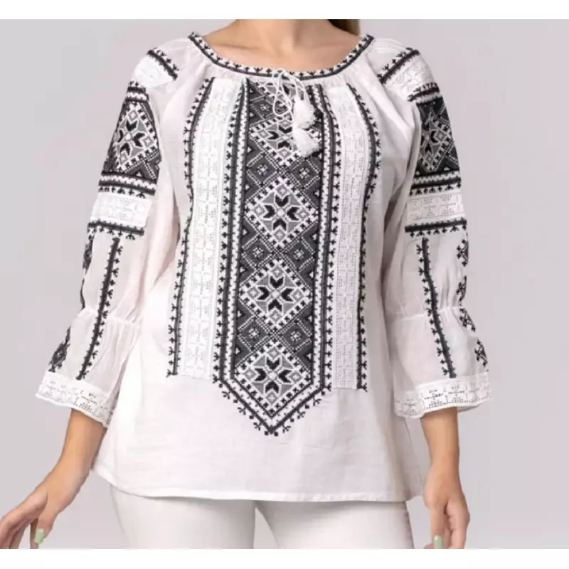 Ie Traditionala Alba cu Motiv Geometric de Dama,  Gri- IMS01