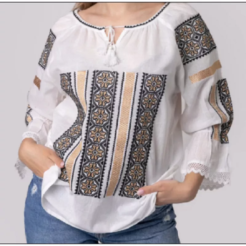 Ie Traditionala Alba cu Motiv Geometric Auriu de Dama  - IMS07