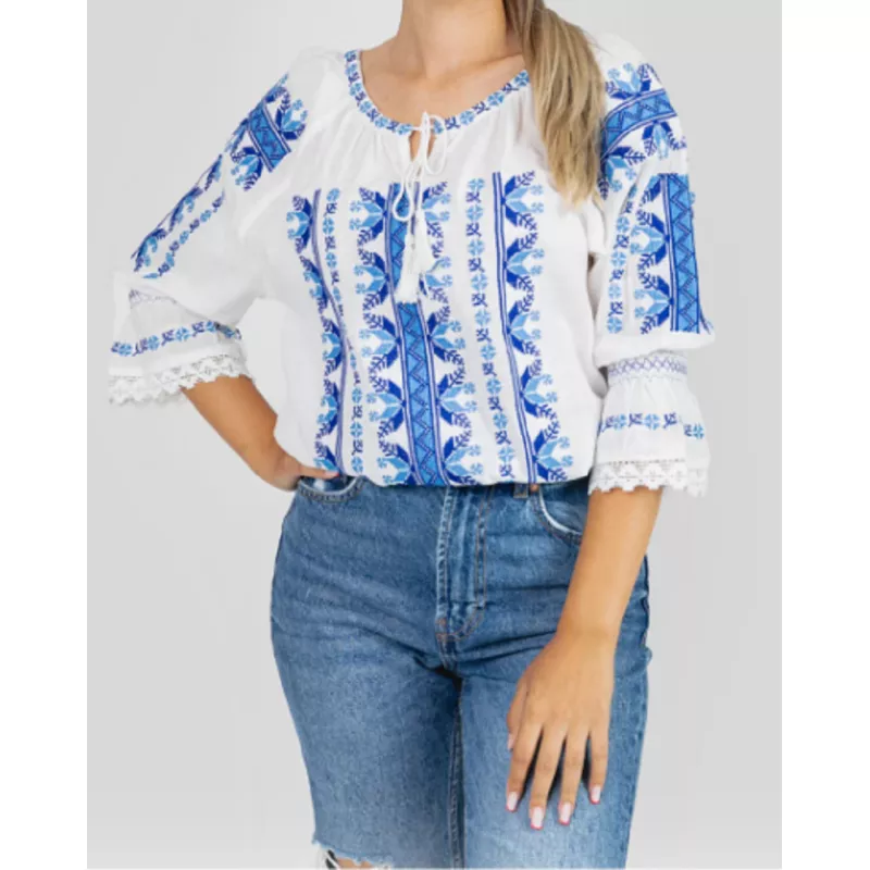 Ie Traditionala Alba cu Motiv Geometric Albastru de Dama  - IMS05