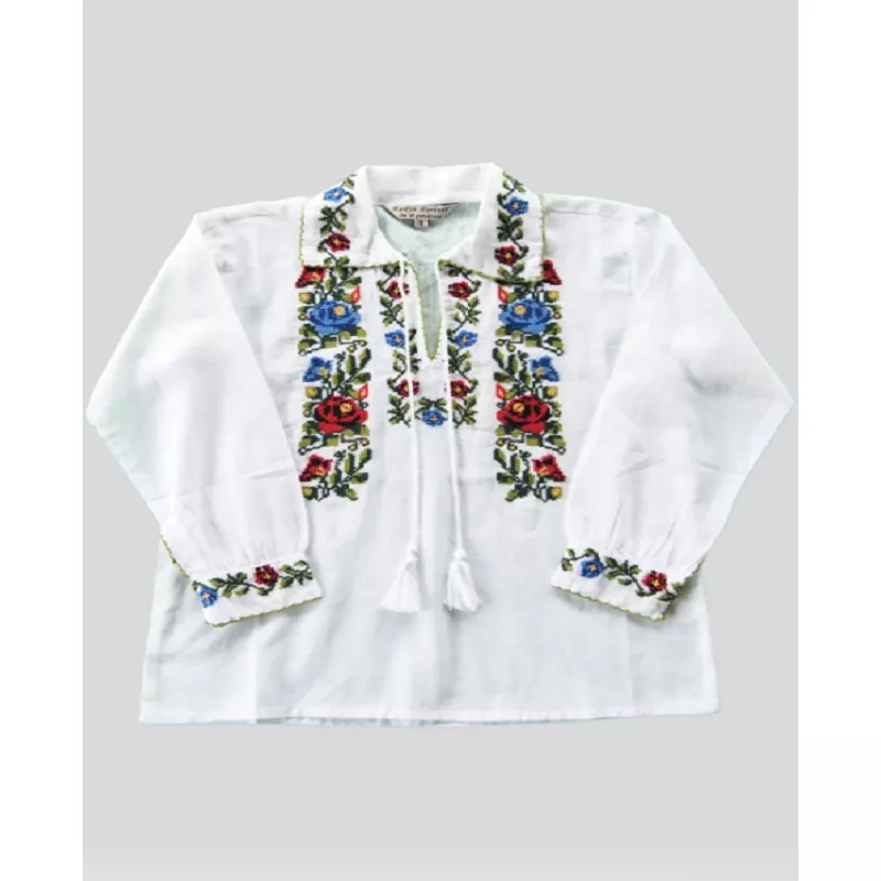 Camasa Tip Ie Traditionala de Baieti Alba cu Motiv Floral Tricolor - ITB02