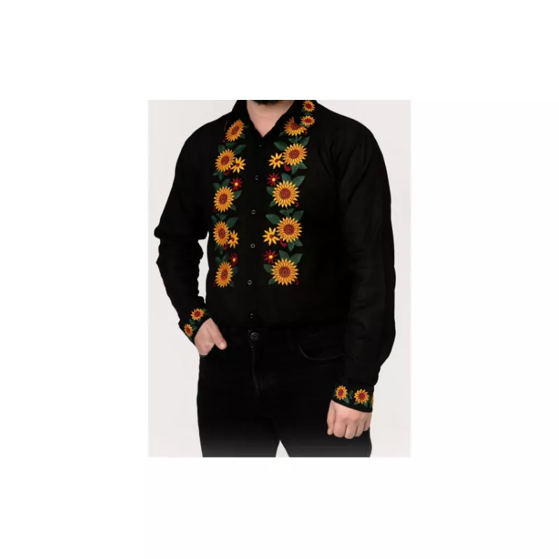 Camasa Tip Ie Barbateasca Neagra cu Motiv Floral Galben  - CTI08
