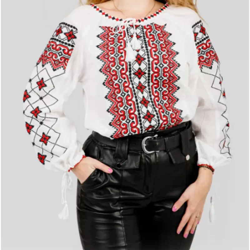 Ie Traditionala Alba cu Motiv Geometric Rosu- IML11