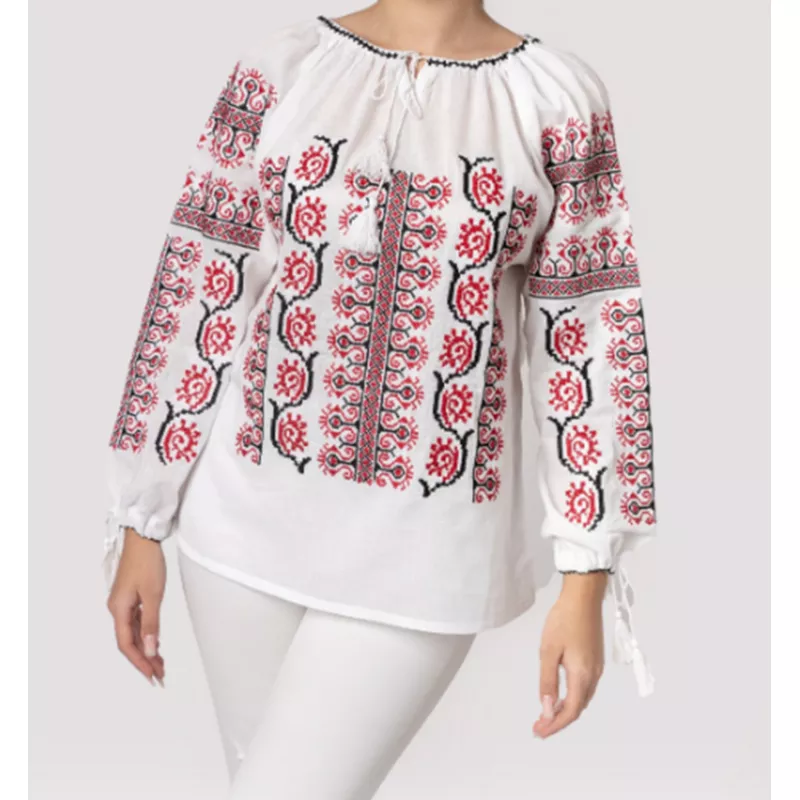 Ie Traditionala Alba cu Motiv Floral Rosu- IML14