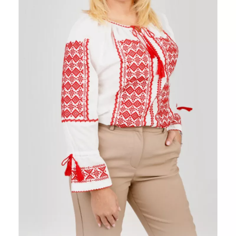 Ie Traditionala Alba cu Motiv Geometric Rosu- IML16