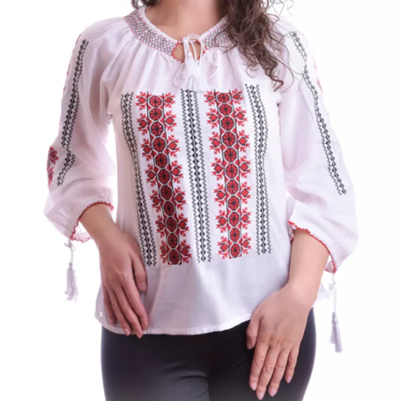 Ie Traditionala Alba cu Motiv Geometric Rosu - IML18