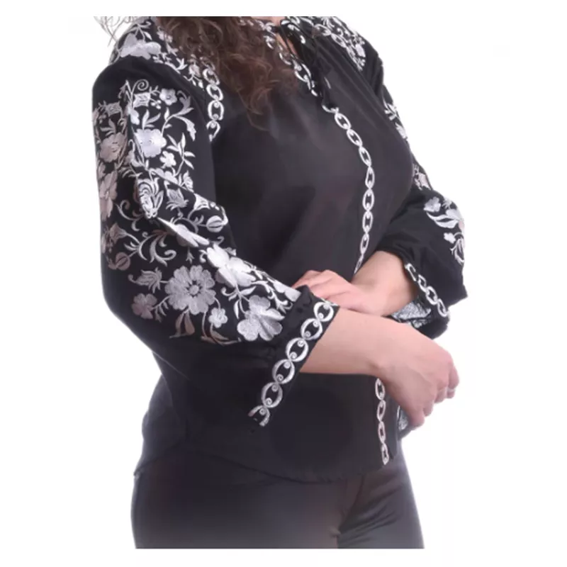 Ie Traditionala Neagra cu Motiv Floral Alb- IML19