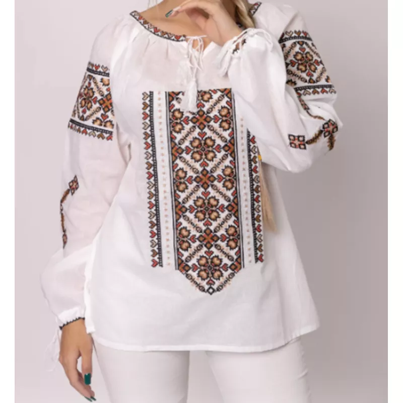 Ie Traditionala Alba cu Motiv Floral Multicolor- IML21