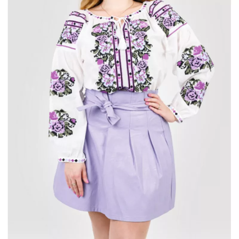Ie Traditionala Alba cu Motiv Floral Mov- IML23