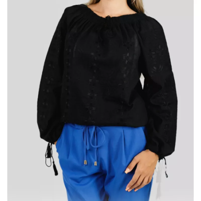 Ie Traditionala Neagra cu Motiv Floral Negru- IML27
