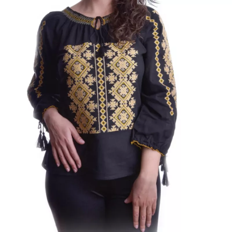 Ie Traditionala Neagra cu Motiv Geometric Auriu- IML30