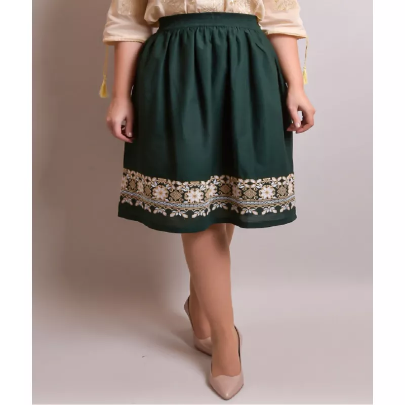 Fusta Traditionala Verde cu Broderie Florala Crem - FTSF21