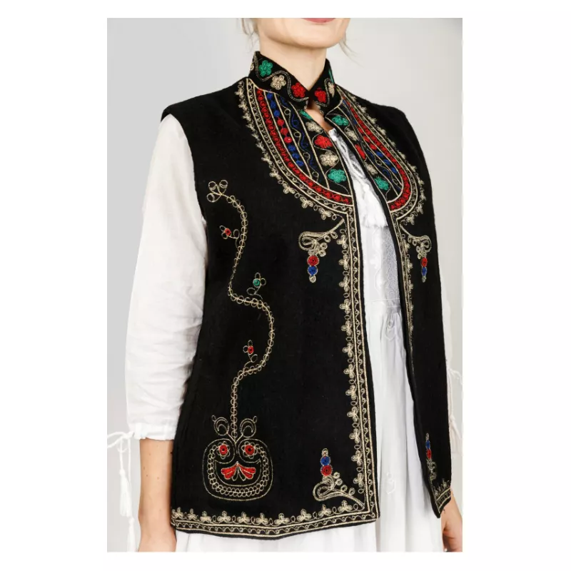 Vesta Traditionala Neagra cu Broderie Florala Multicolora, de Dama  - VT06