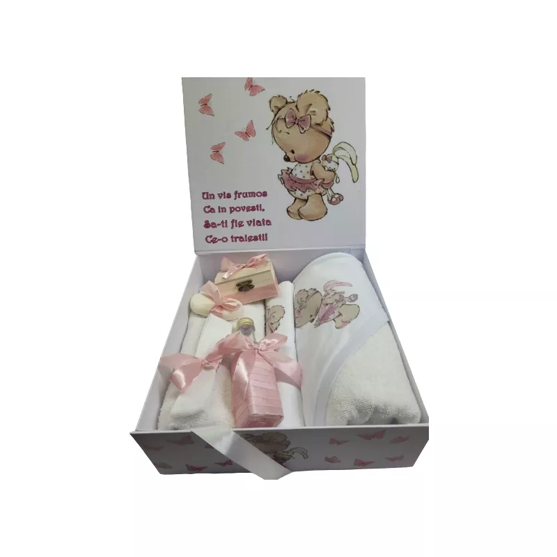 Trusou Botez cu 8 Piese, Ursulet cu Iepuras, Culoare Roz - TB03