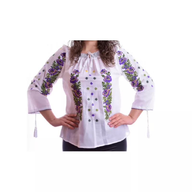 Ie Traditionala Alba cu Motiv Floral mov de Dama - IMS29