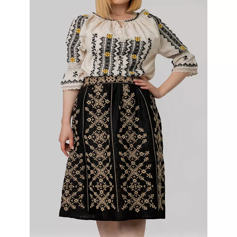 Fusta Traditionala Verde cu Broderie Geometrica Crem - FTSF18