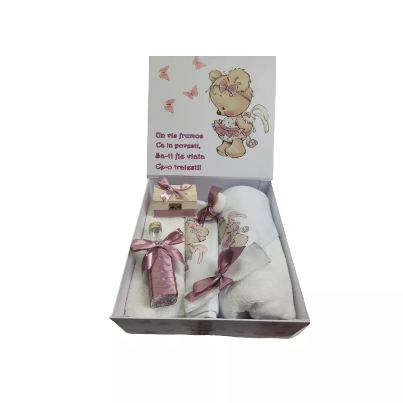 Trusou Botez cu 8 Piese, Ursulet cu Iepuras, Culoare Roz Pudra - TB04