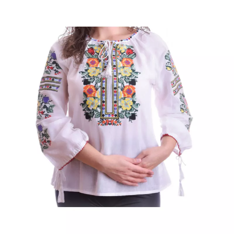 Ie Traditionala Alba cu Motiv Floral Multicolor de Dama - IMS30