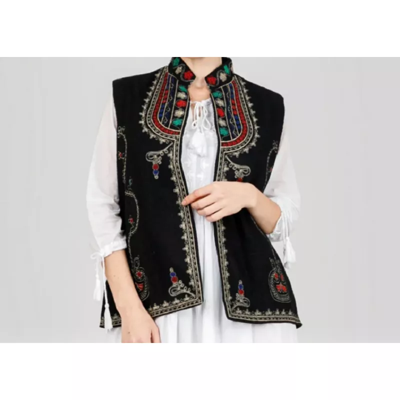 Vesta Traditionala Neagra cu Broderie Florala Multicolora, de Dama  - VT06