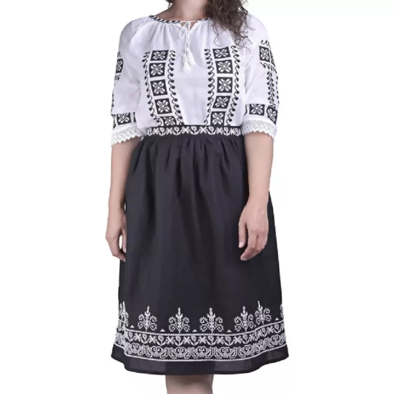 Fusta Traditionala Neagra cu Broderie Geometrica Alba - FTSF20