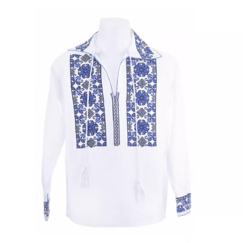 Camasa Tip Ie Traditionala de Baieti Alba cu Motiv Floral Albastru - ITB04