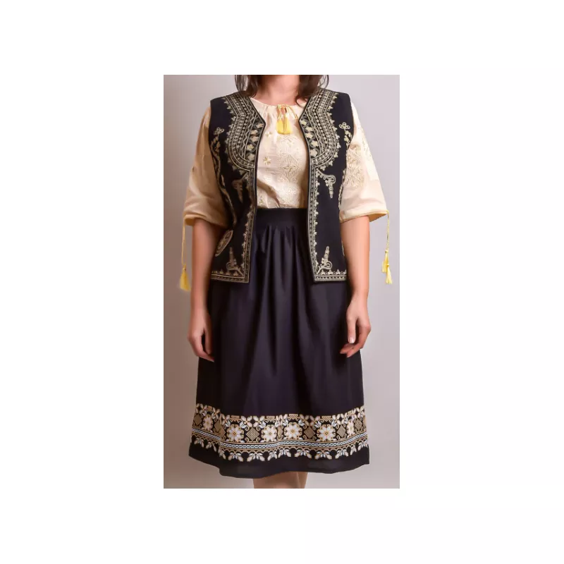 Vesta Traditionala Neagra cu Broderie Florala Crem, de Dama  - VT07