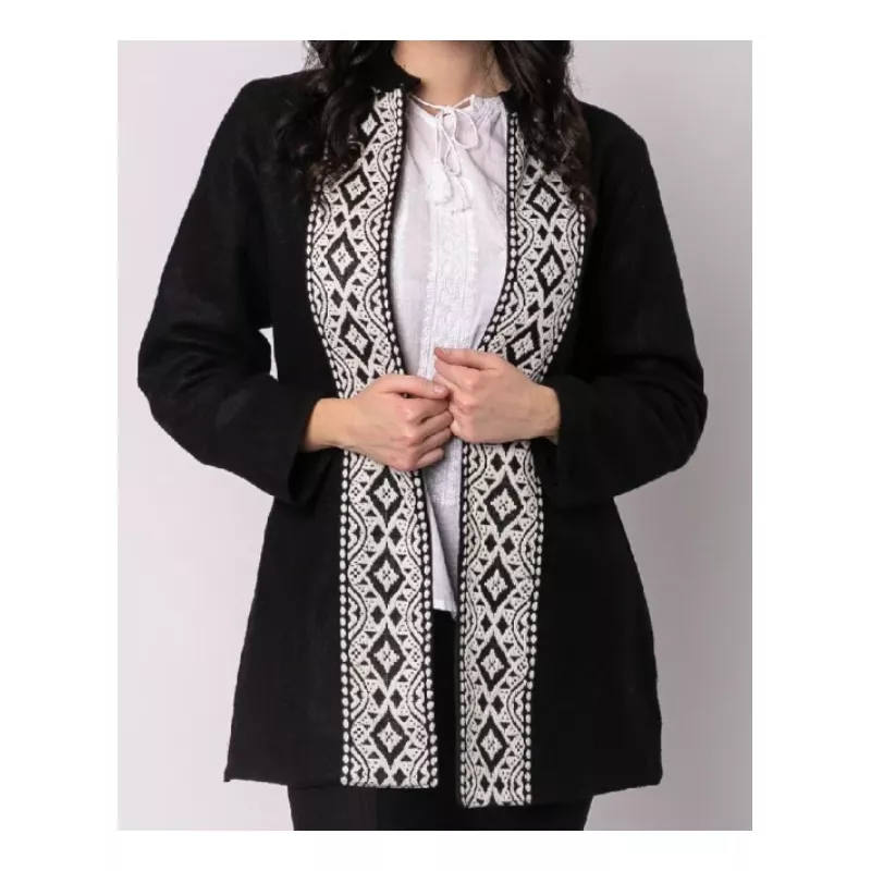 Palton Traditional Negru cu Broderie Geometrica Alba, de Dama  - PT11