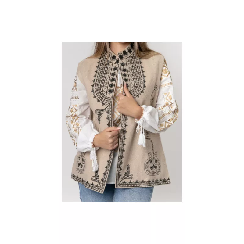Vesta Traditionala Crem cu Broderie Florala Neagra, de Dama  - VT09