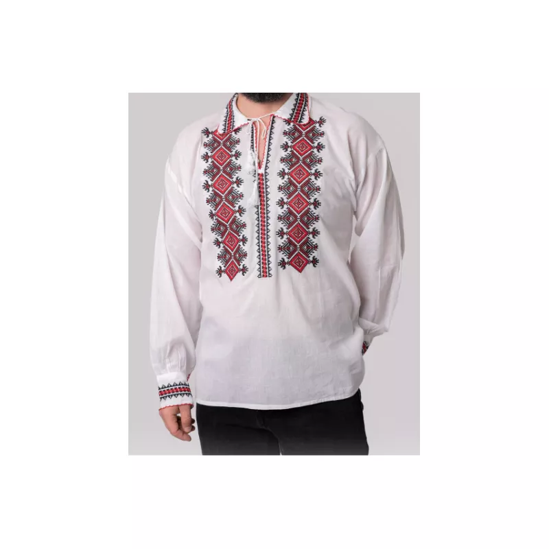 Camasa Tip Ie Barbateasca Alba cu Motiv Geometric Rosu - CTI14