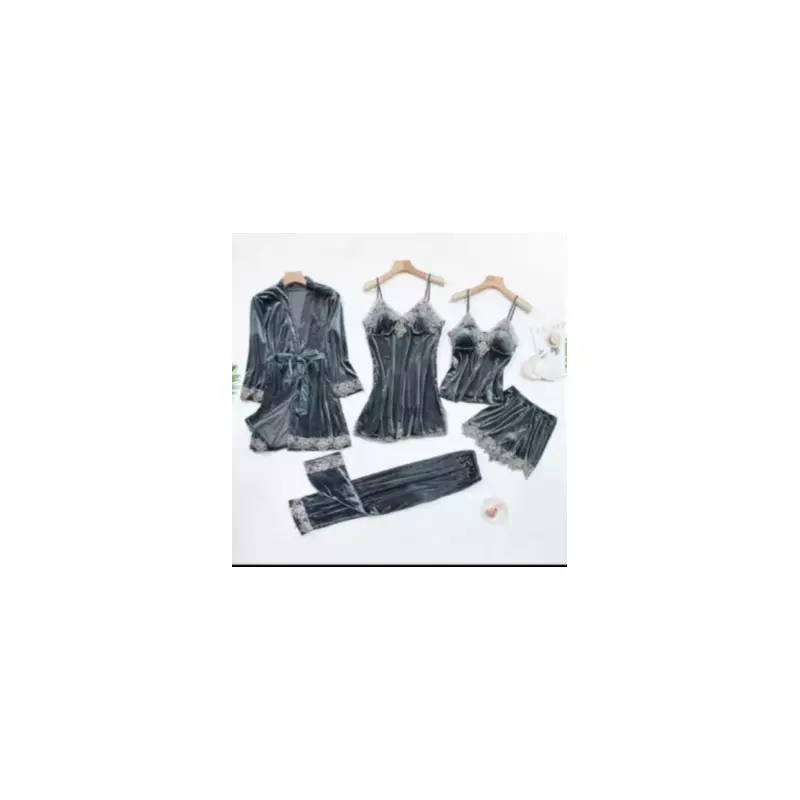 Set Pijama De Dama 5 Piese Gri Petrol Din Catifea- MEI16