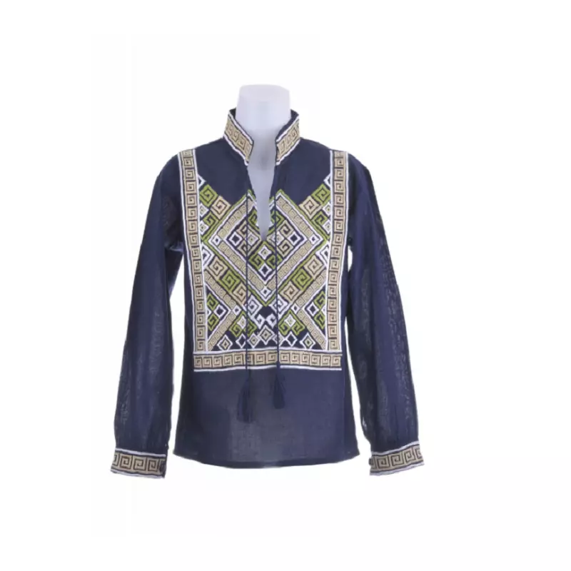 Camasa Tip Ie Traditionala de Baieti Albastra cu Motiv Geometric Multicolor - ITB19