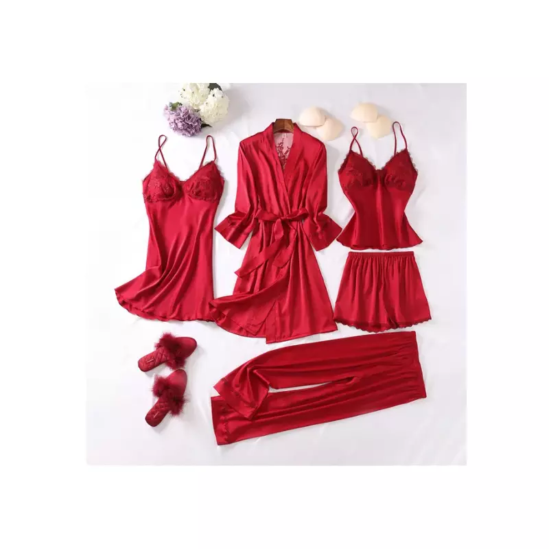 Set Pijama De Dama 5 Piese Din Satin, Rosu - ANI112