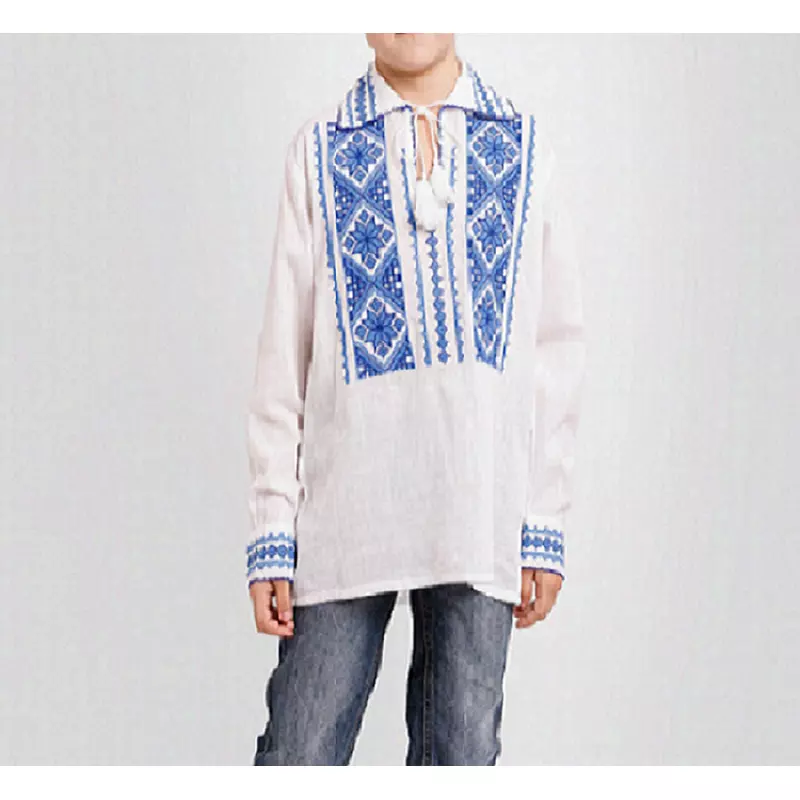 Camasa Tip Ie Traditionala de Baieti Alba cu Motiv Geometric Albastru - ITB11