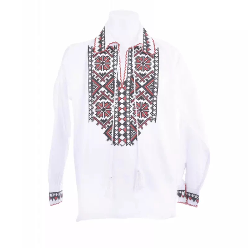 Camasa Tip Ie Traditionala de Baieti Alba cu Motiv Geometric Rosu - ITB13